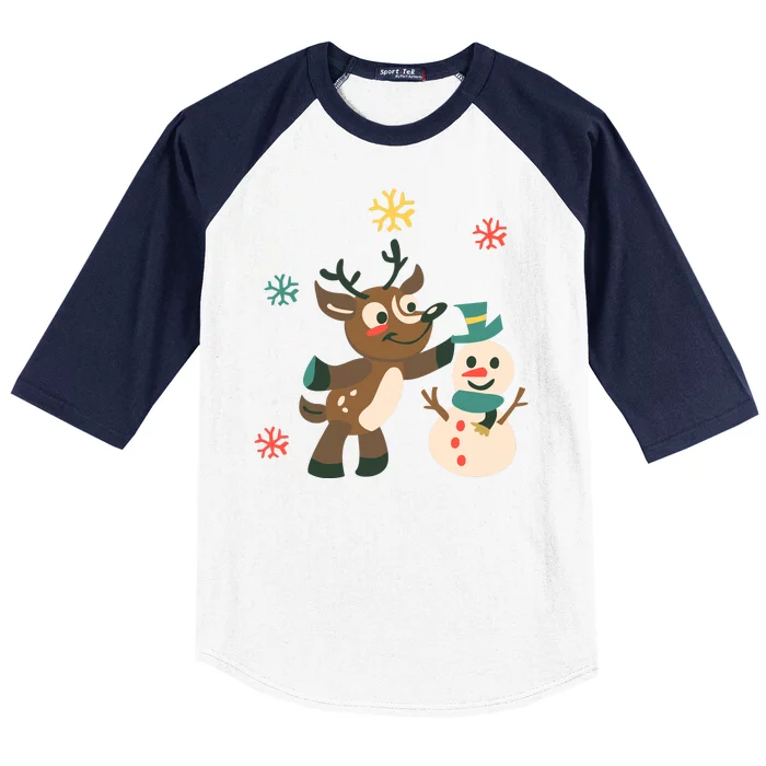 Cute Winter Reindeer Snowman Best Friends Baseball Sleeve Shirt