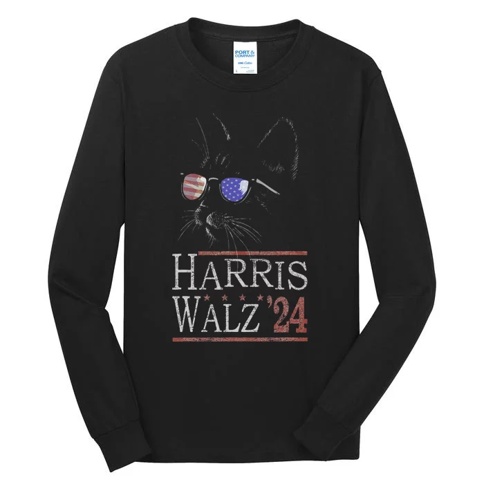 Cat With Sunglasses For Cat Lady Cat Lover Harris Walz 2024 Tall Long Sleeve T-Shirt