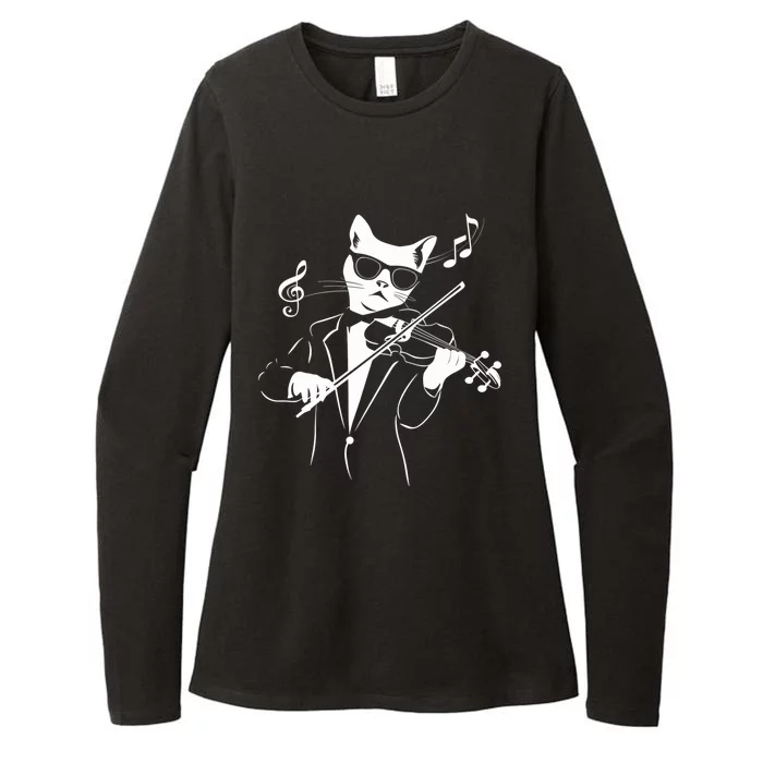 Cat Wearing Sunglasses Musician Cat Playing Violin Funny Gift Womens CVC Long Sleeve Shirt