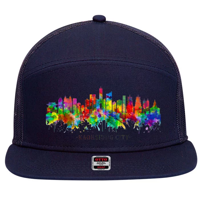 City Watercolor Skyline Home State Souvenir Kaohsiung Taiwan Meaningful Gift 7 Panel Mesh Trucker Snapback Hat