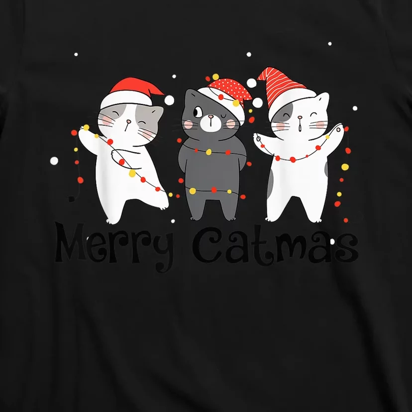 Cats With Santa Hat Christmas Light Merry Catmas Cat Lover T-Shirt