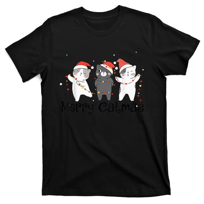 Cats With Santa Hat Christmas Light Merry Catmas Cat Lover T-Shirt