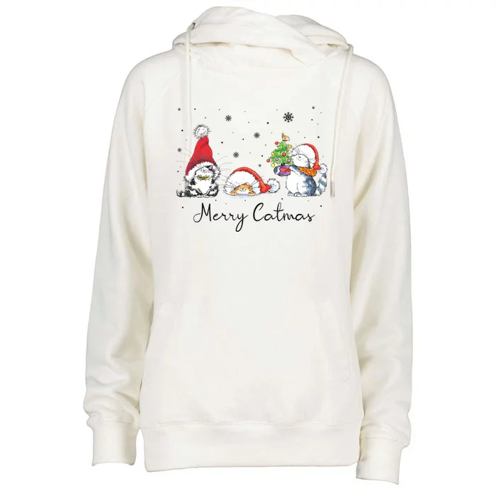 Cats With Santa Hat Merry Catmas Cat Lover Christmas Gift TShirt Womens Funnel Neck Pullover Hood