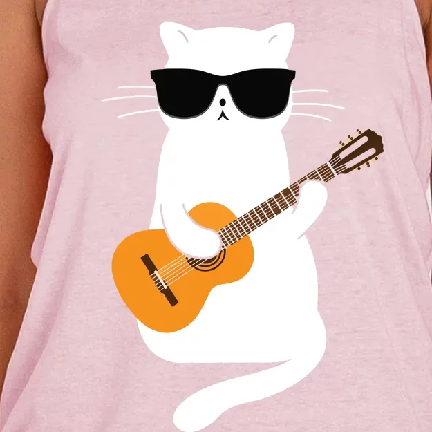 Cat Wearing Sunglasses Playing Guitar Guitarist Women's Knotted Racerback Tank