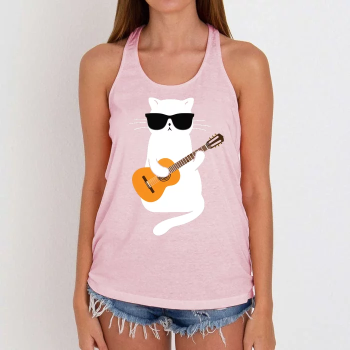 Cat Wearing Sunglasses Playing Guitar Guitarist Women's Knotted Racerback Tank