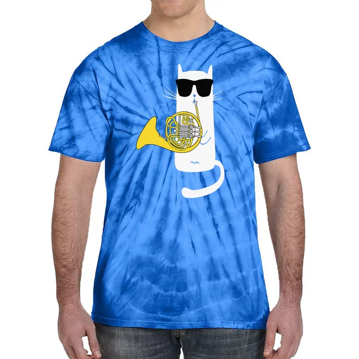 Cat Wearing Sunglasses Playing French Horn Tie-Dye T-Shirt