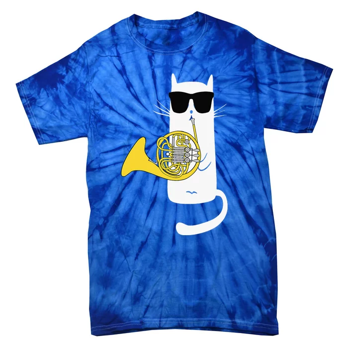 Cat Wearing Sunglasses Playing French Horn Tie-Dye T-Shirt