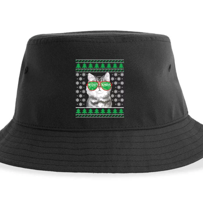 Cat With Sunglasses Meowy Ugly Christmas Sweater Sustainable Bucket Hat