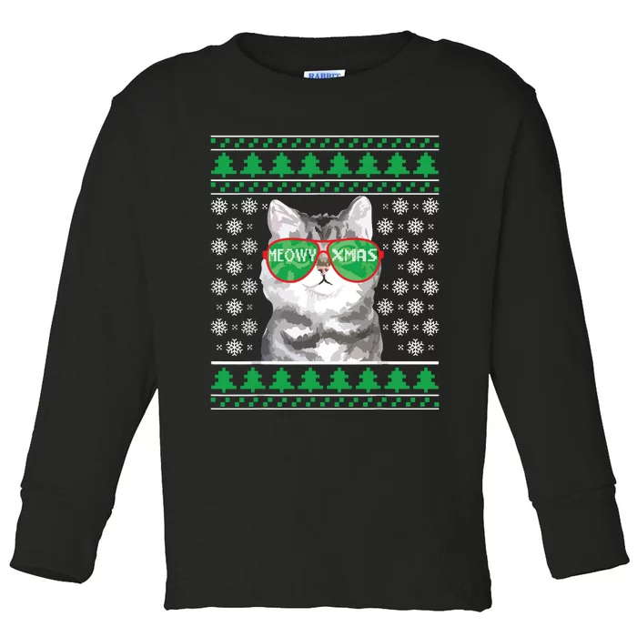 Cat With Sunglasses Meowy Ugly Christmas Sweater Toddler Long Sleeve Shirt