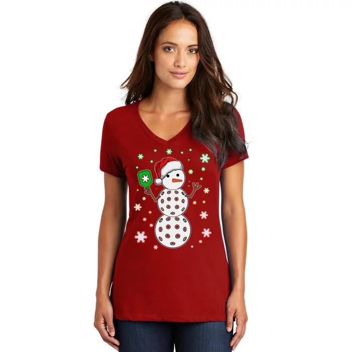 Christmas Winter Time Pickleball Snowman Women's V-Neck T-Shirt