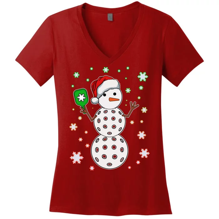 Christmas Winter Time Pickleball Snowman Women's V-Neck T-Shirt