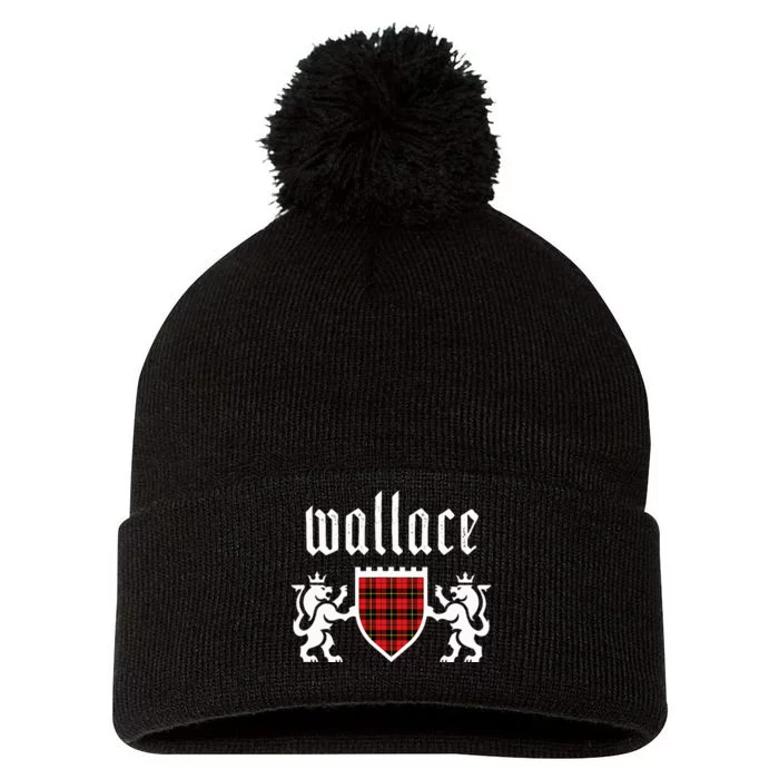 Clan Wallace Tartan Scottish Plaid Wallace Family Pom Pom 12in Knit Beanie