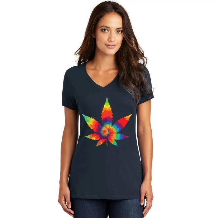 Cannabis Weed Tie Dye Hippie Stoner Gift Women's V-Neck T-Shirt