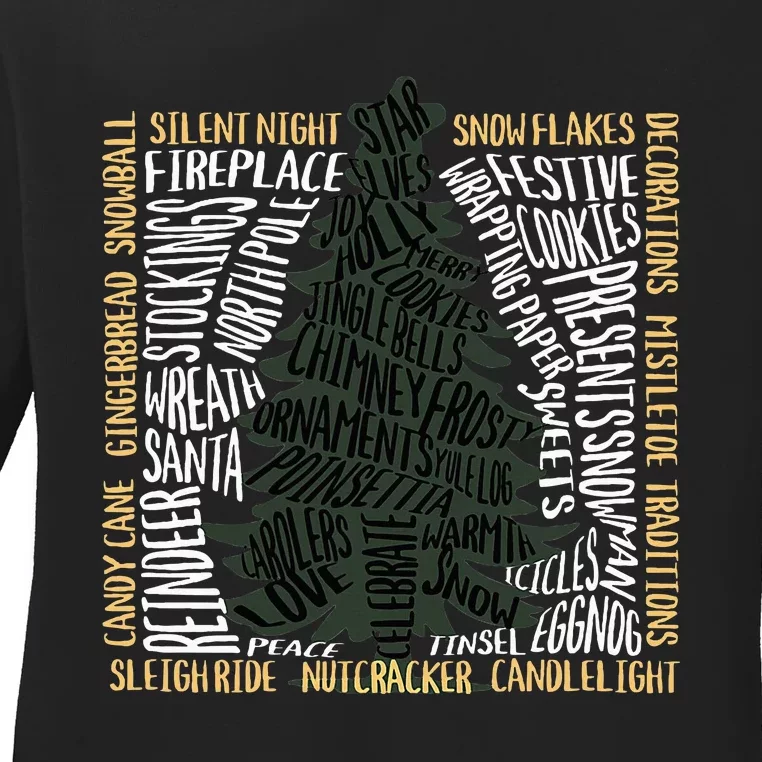 Christmas Words Tree Unique Holiday Design Ladies Long Sleeve Shirt