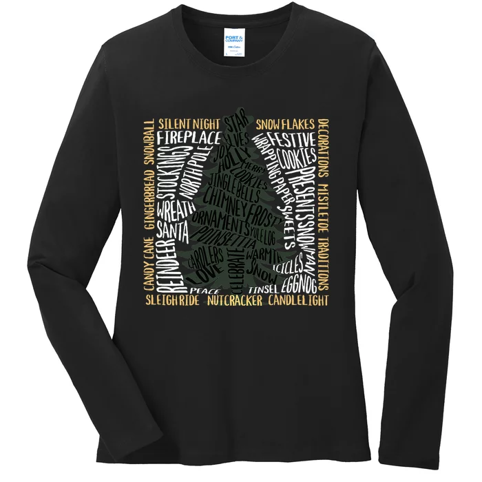 Christmas Words Tree Unique Holiday Design Ladies Long Sleeve Shirt