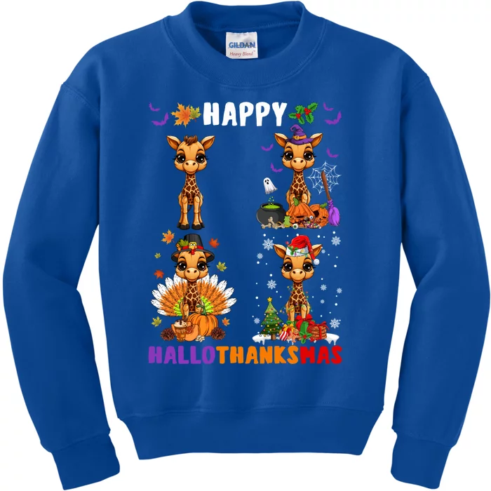 Cute Witch Turkey Santa Claus Giraffes Happy Hallothanksmas Gift Kids Sweatshirt