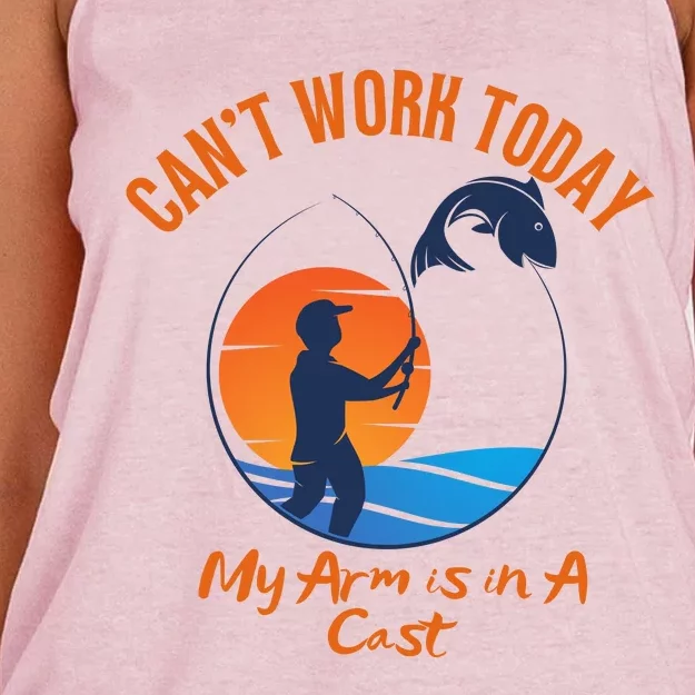 Can't Work Today My Arm Is In A Cast Funny Fishing Women's Knotted Racerback Tank