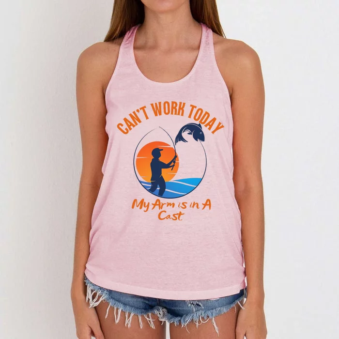 Can't Work Today My Arm Is In A Cast Funny Fishing Women's Knotted Racerback Tank