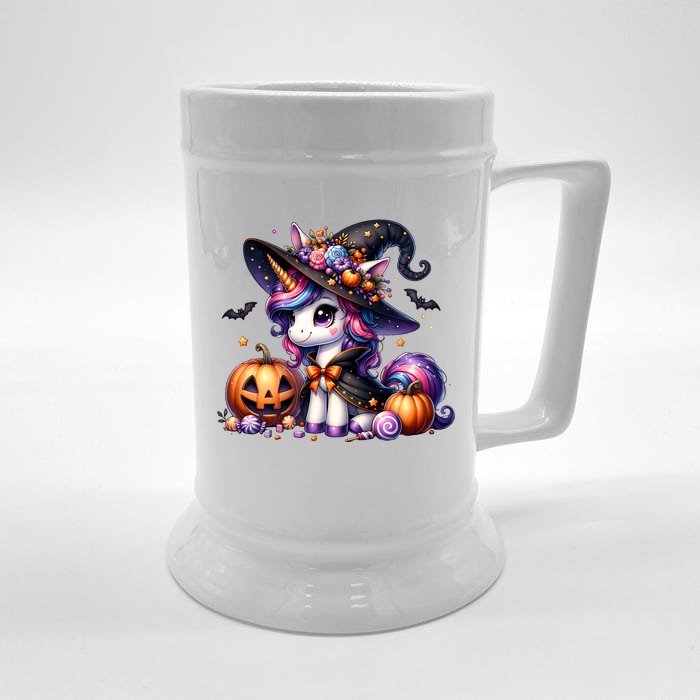 Cute Witchy Unicorn Halloween Girl Women Funny Front & Back Beer Stein