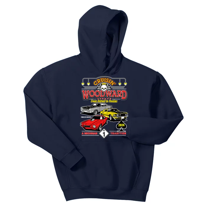 Crusin Woodward Woodward Ave Detroit To Pontiac A Michigan Tradition 2024 Kids Hoodie