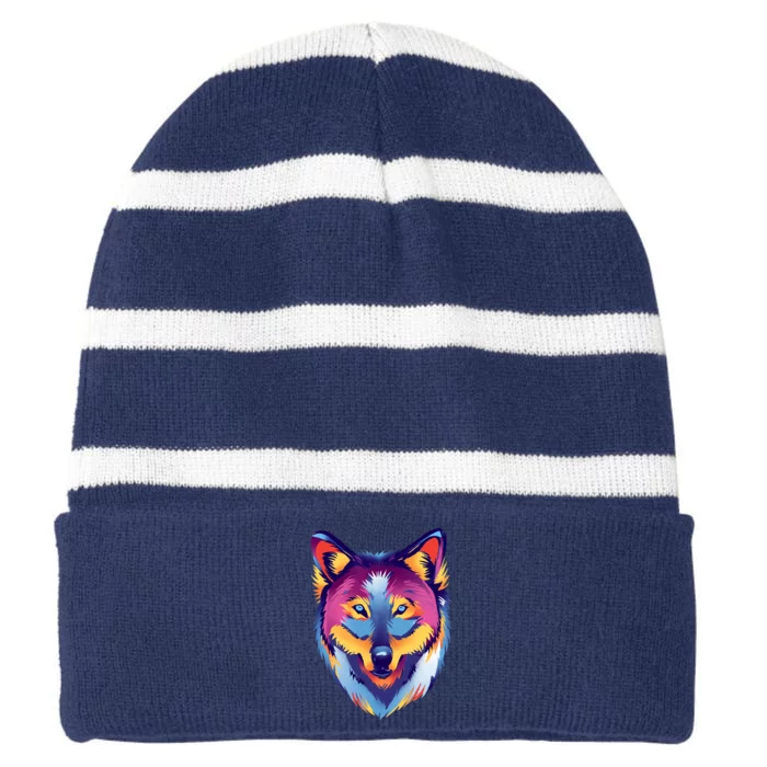 Colorful Wolf Wild Animal Striped Beanie with Solid Band