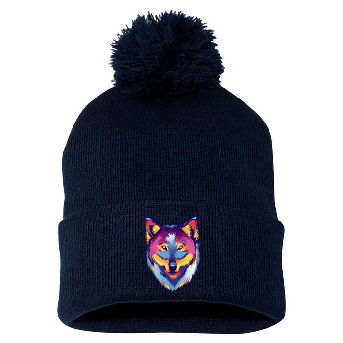 Colorful Wolf Wild Animal Pom Pom 12in Knit Beanie