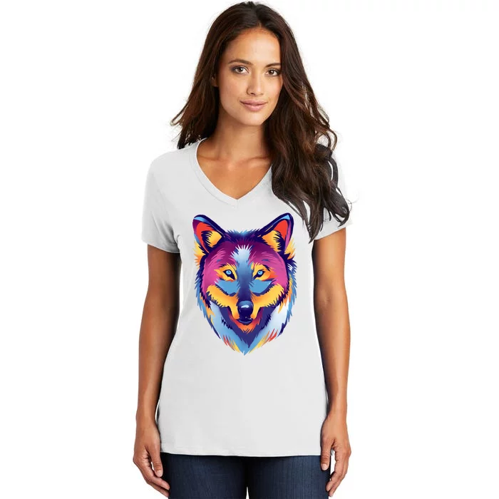 Colorful Wolf Wild Animal Women's V-Neck T-Shirt