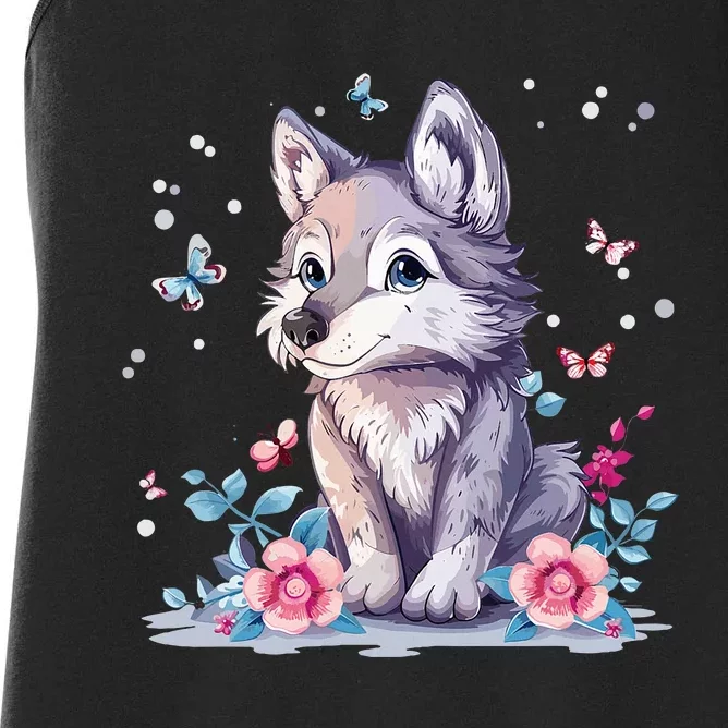 Cute Wolf With Flowers Women's Racerback Tank