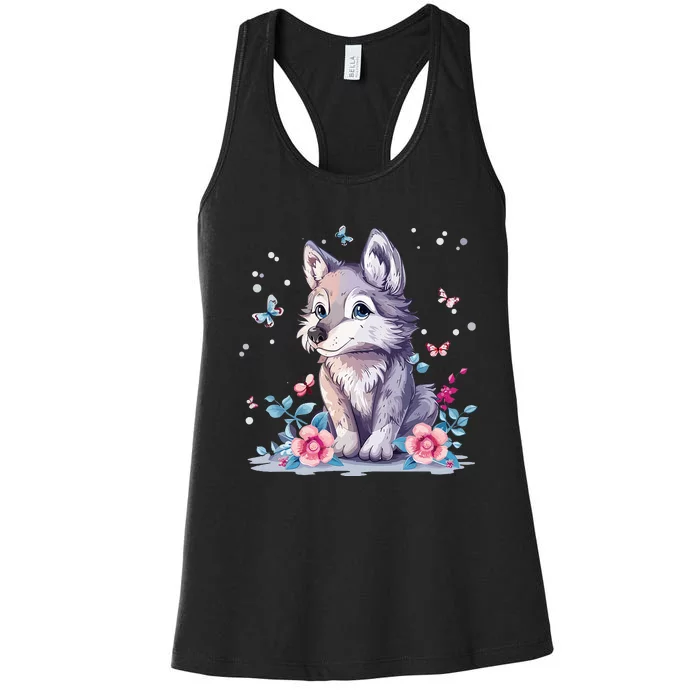 Cute Wolf With Flowers Women's Racerback Tank