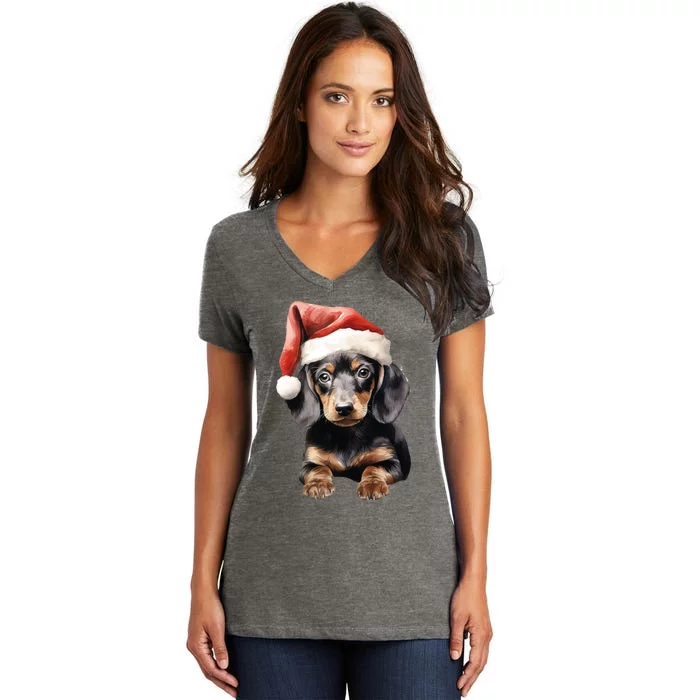 Christmas Winter Wiener & Dachshund Santa Gift Women's V-Neck T-Shirt