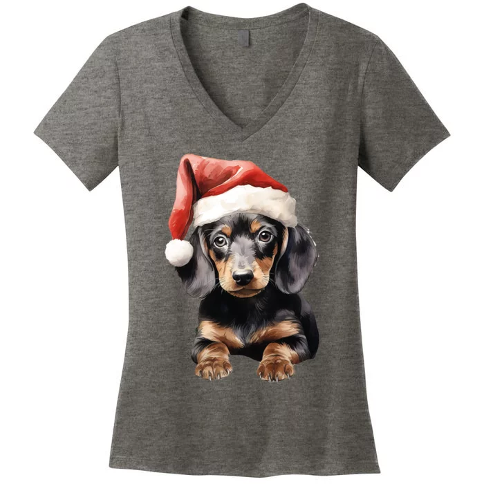 Christmas Winter Wiener & Dachshund Santa Gift Women's V-Neck T-Shirt