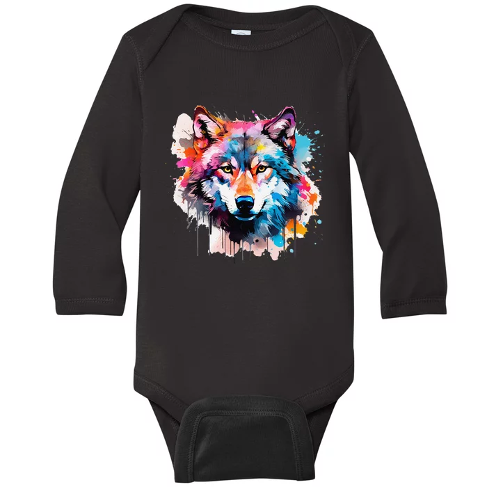 Cool Wolf Watercolor Art Baby Long Sleeve Bodysuit