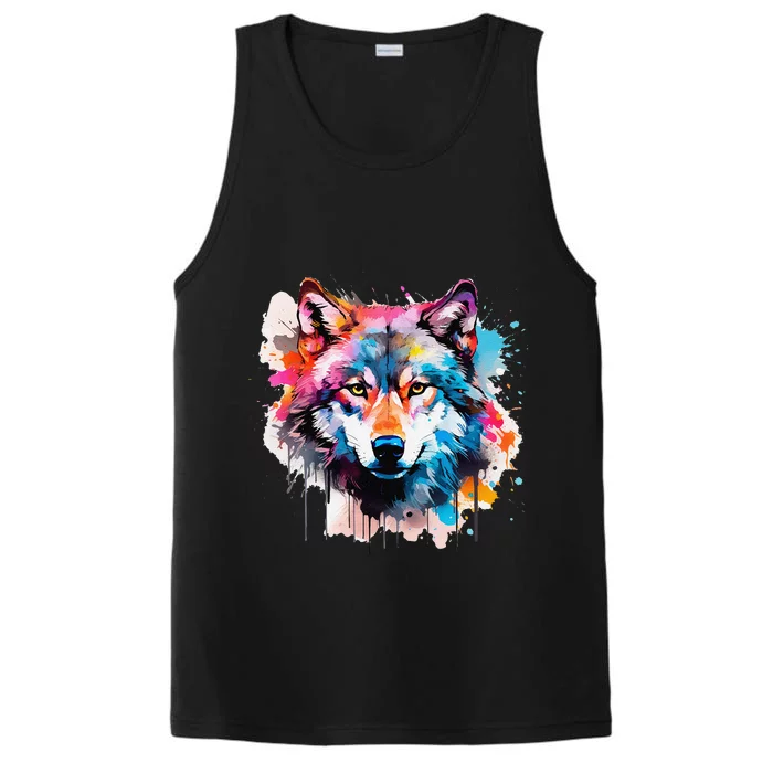 Cool Wolf Watercolor Art Performance Tank