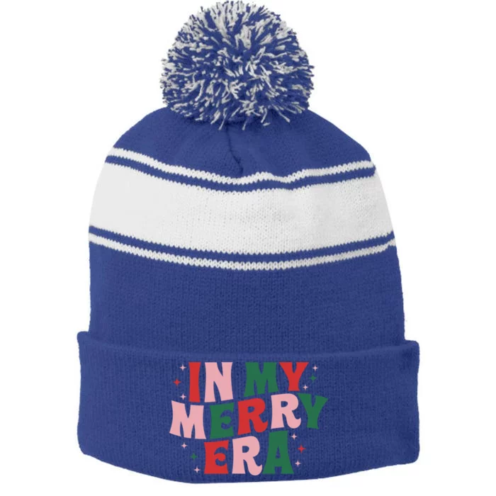 Cute Xmas In My Merry Era Funny Retro Christmas Holiday Gift Stripe Pom Pom Beanie