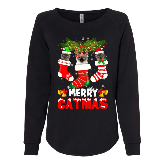 Cute Xmas Merry Catmas Siamese Cat Christmas Socks Gift Womens California Wash Sweatshirt