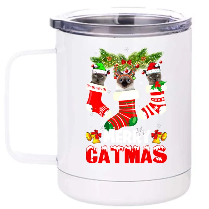 Cute Xmas Merry Catmas Siamese Cat Christmas Socks Gift Front & Back 12oz Stainless Steel Tumbler Cup