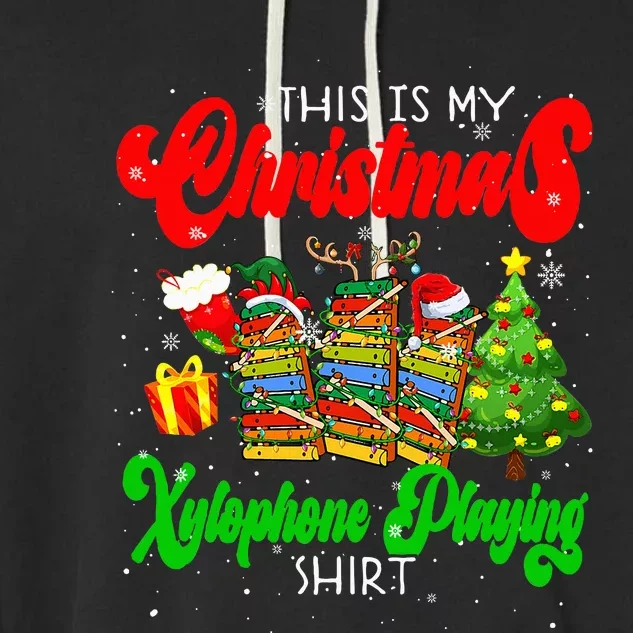 Christmas Xylophone Playing Three Santa Elf Xylophones Garment-Dyed Fleece Hoodie