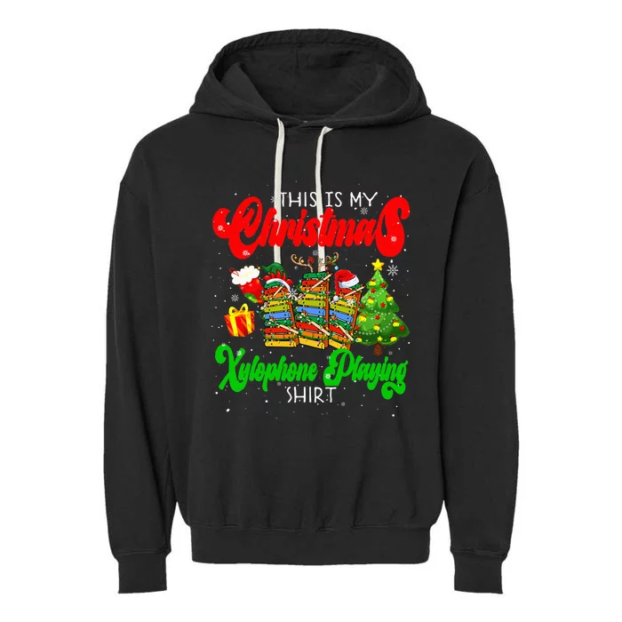 Christmas Xylophone Playing Three Santa Elf Xylophones Garment-Dyed Fleece Hoodie