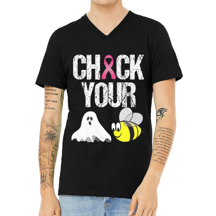 Check Your Boo Bees Funny Breast Cancer Halloween Gift V-Neck T-Shirt