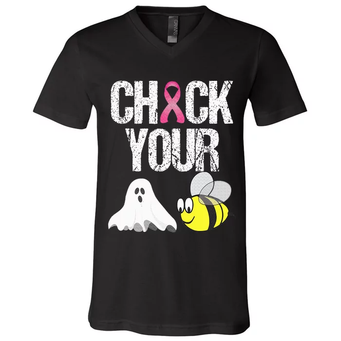 Check Your Boo Bees Funny Breast Cancer Halloween Gift V-Neck T-Shirt