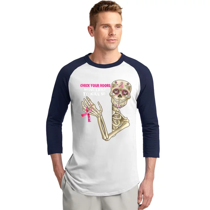 Check Your Boobs Skeleton Hand Breast Cancer Awareness Gifts Baseball Sleeve Shirt