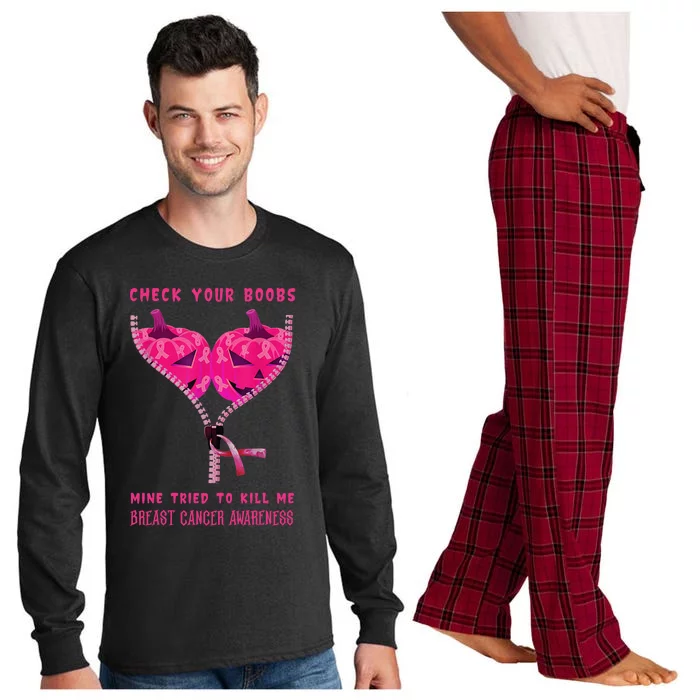 Check Your Boobs Mine Tried To Kill Me Breast Cancer Awareness Long Sleeve Pajama Set