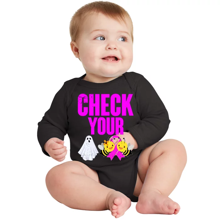 Check Your Boo Bees Breast Cancer Halloween Cute Baby Long Sleeve Bodysuit