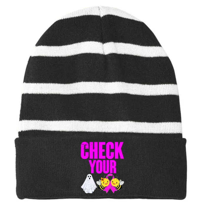 Check Your Boo Bees Breast Cancer Halloween Cute Striped Beanie with Solid Band