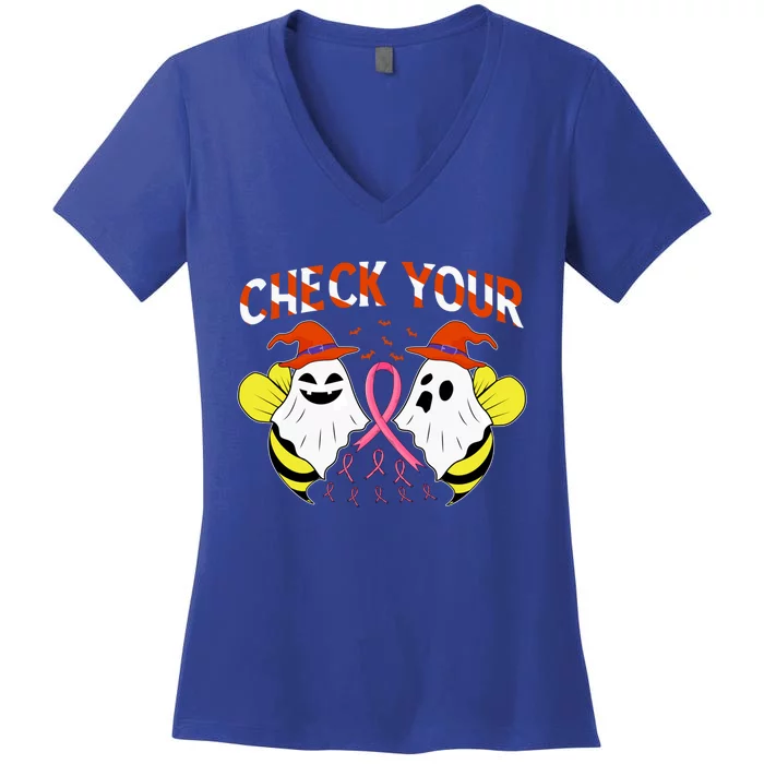 Check Your Boo Bees Breast Cancer Ghost Halloween Funny Gift Women's V-Neck T-Shirt