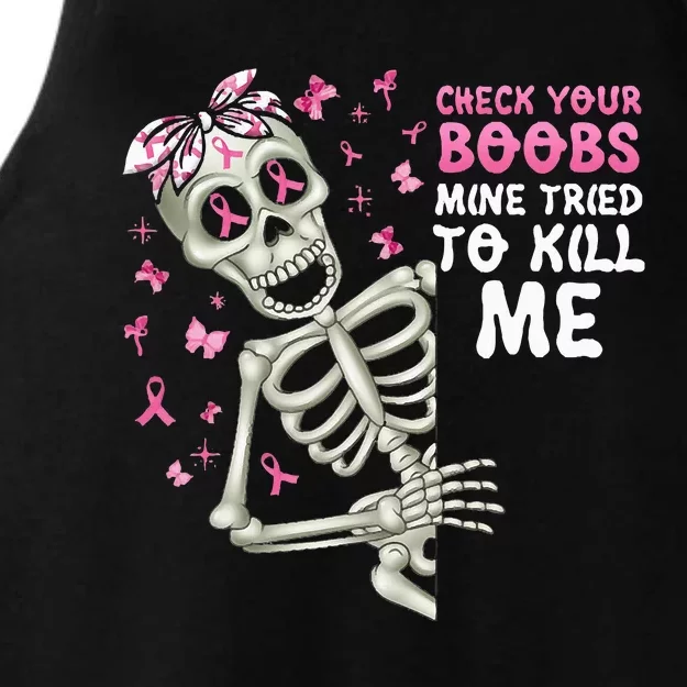 Check Your Boobs Mine Tried To Kill Mehalloween Ribbon Ladies Tri-Blend Wicking Tank