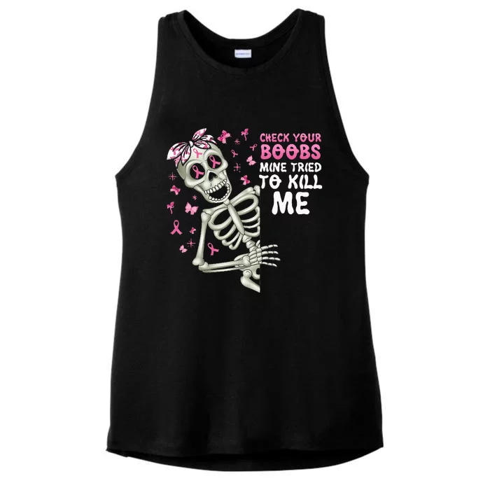 Check Your Boobs Mine Tried To Kill Mehalloween Ribbon Ladies Tri-Blend Wicking Tank