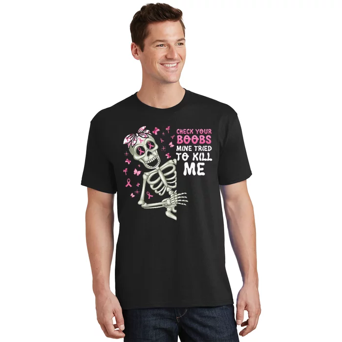 Check Your Boobs Mine Tried To Kill Mehalloween Ribbon T-Shirt