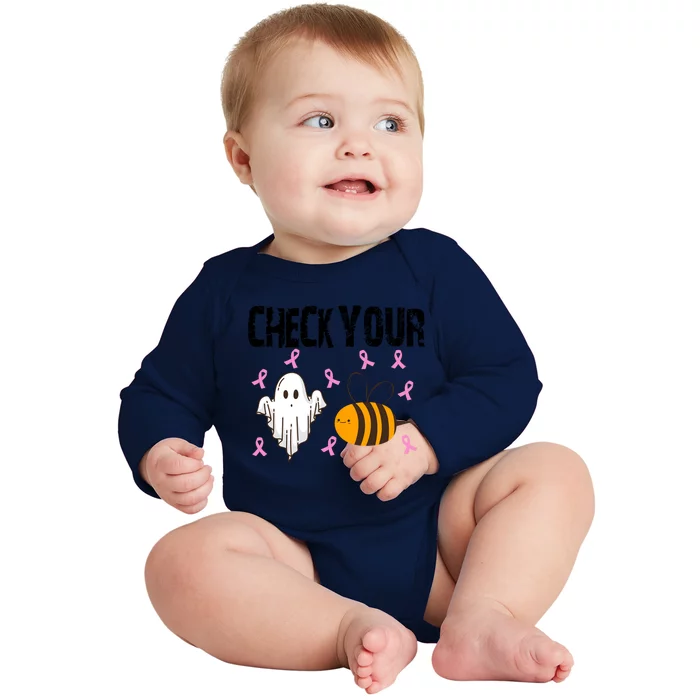 Check Your Boo Bees Funny Breast Cancer Halloween Funny Gift Baby Long Sleeve Bodysuit