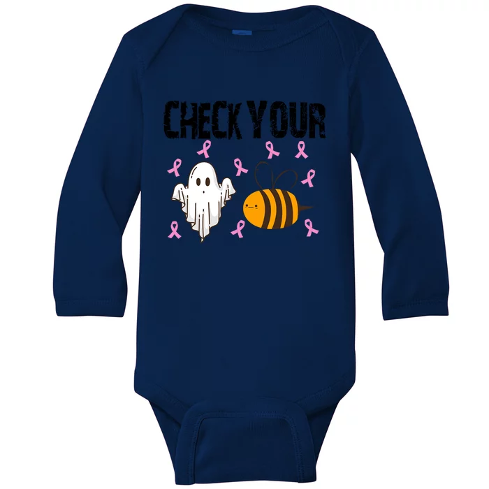 Check Your Boo Bees Funny Breast Cancer Halloween Funny Gift Baby Long Sleeve Bodysuit